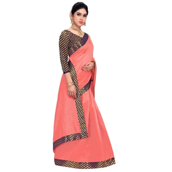 Chanderi Cotton Lace Border Saree With Blouse (Peach, 5-6 Mtrs) - Image 2