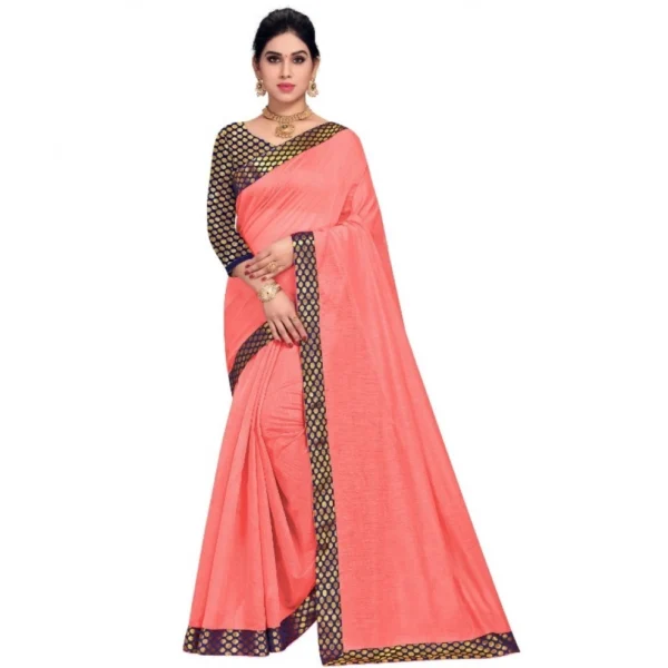 Chanderi Cotton Lace Border Saree With Blouse (Peach, 5-6 Mtrs)