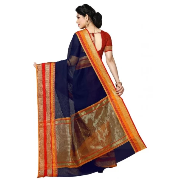 Kota Doria Cotton Border Saree With Blouse (Navy Blue, 5-6 Mtrs) - Image 4