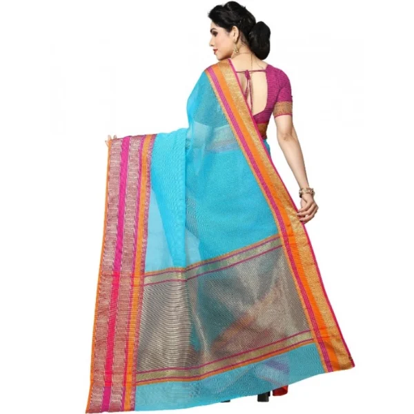 Kota Doria Cotton Border Saree With Blouse (Sky Blue, 5-6 Mtrs) - Image 4