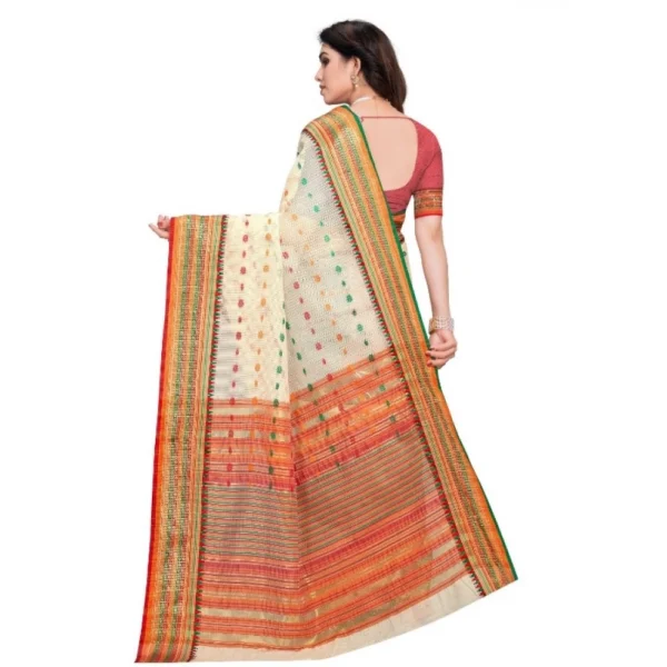 Kota Doria Cotton Woven Butta Saree With Blouse (Cream, 5-6 Mtrs) - Image 3