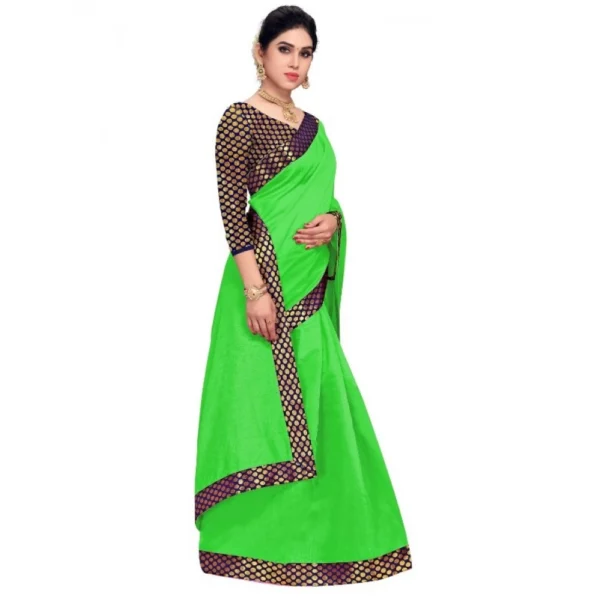 Chanderi Cotton Lace Border Saree With Blouse (Green, 5-6 Mtrs) - Image 2