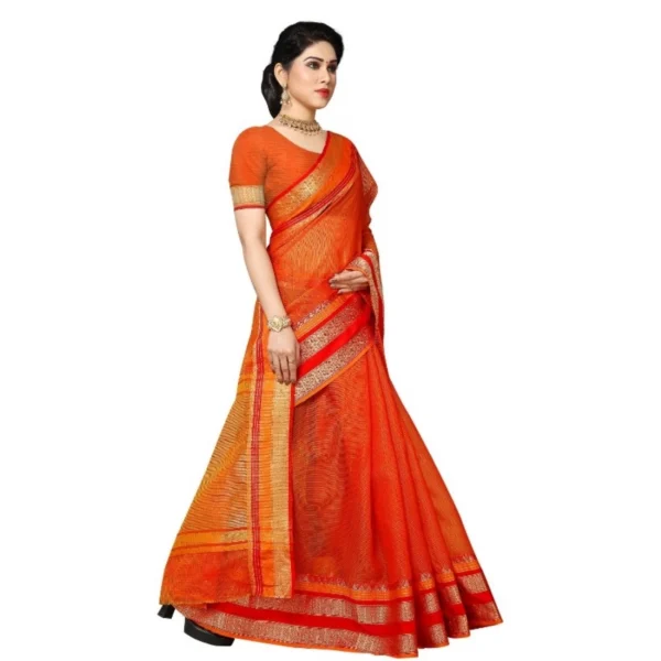 Kota Doria Cotton Border Saree With Blouse (Orange, 5-6 Mtrs) - Image 3
