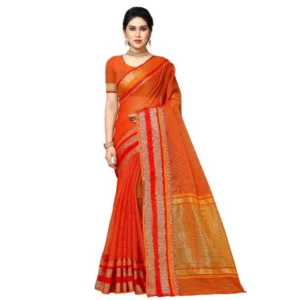Kota Doria Cotton Border Saree With Blouse (Orange, 5-6 Mtrs)