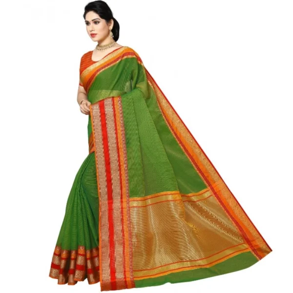 Kota Doria Cotton Border Saree With Blouse (Green, 5-6 Mtrs) - Image 2