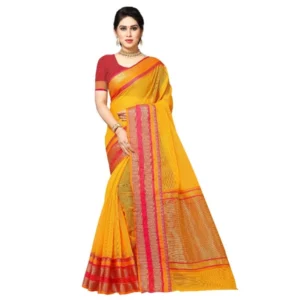 Kota Doria Cotton Border Saree With Blouse (Gold, 5-6 Mtrs)