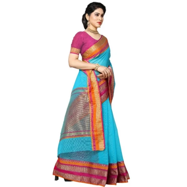 Kota Doria Cotton Border Saree With Blouse (Sky Blue, 5-6 Mtrs) - Image 3