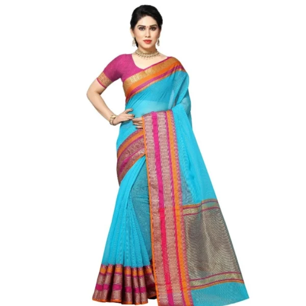 Kota Doria Cotton Border Saree With Blouse (Sky Blue, 5-6 Mtrs)