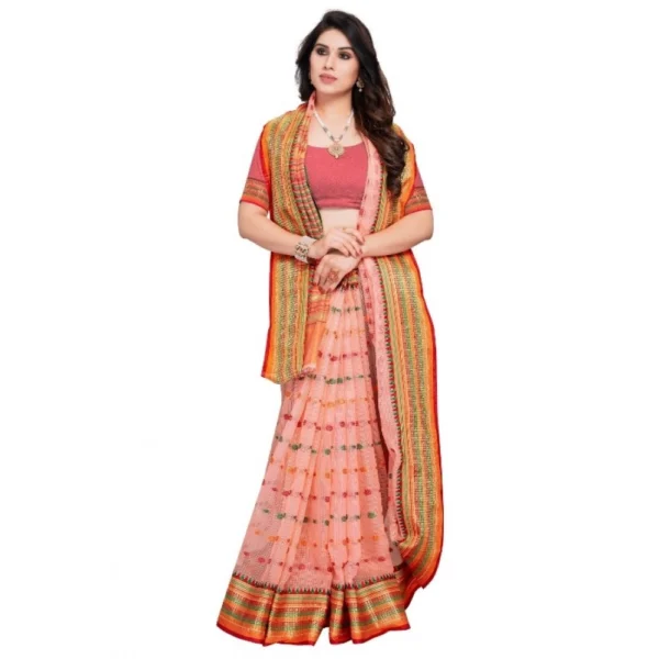 Kota Doria Cotton Woven Butta Saree With Blouse (Peach, 5-6 Mtrs) - Image 4