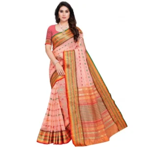 Kota Doria Cotton Woven Butta Saree With Blouse (Peach, 5-6 Mtrs)
