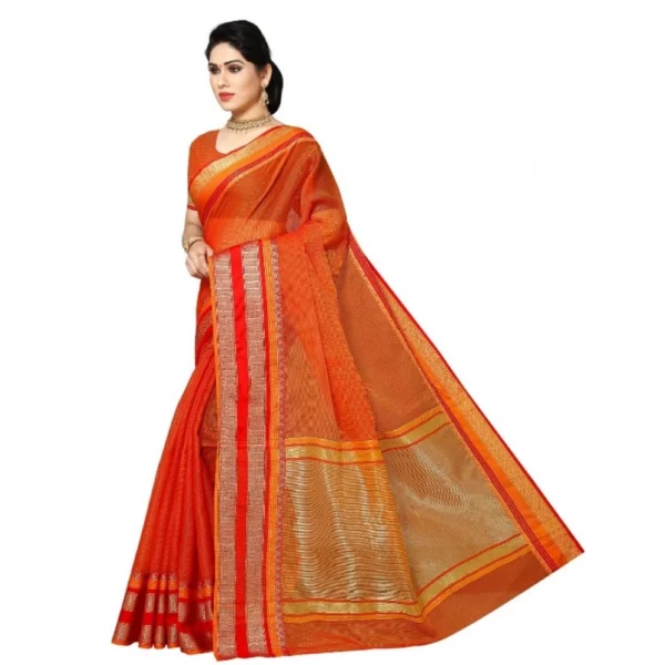 Kota Doria Cotton Border Saree With Blouse (Orange, 5-6 Mtrs) - Image 2