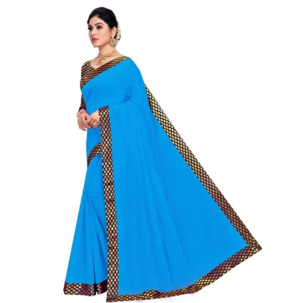 Chanderi Cotton Lace Border Saree With Blouse (Sky Blue, 5-6 Mtrs) - Image 3
