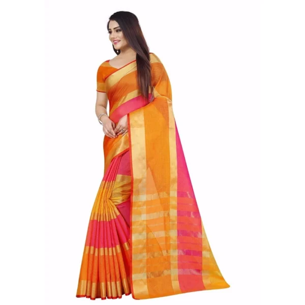 Kota Doria Cotton Plain Saree With Blouse (Multicolor, 5-6 Mtrs) - Image 3