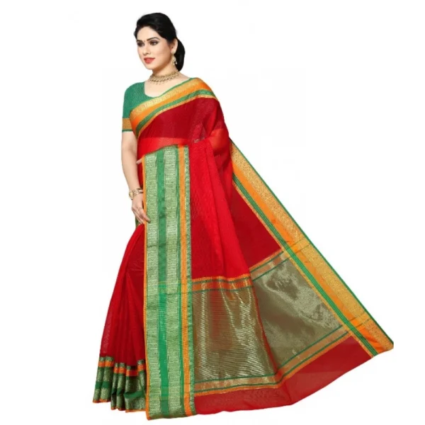 Kota Doria Cotton Border Saree With Blouse (Red, 5-6 Mtrs) - Image 2