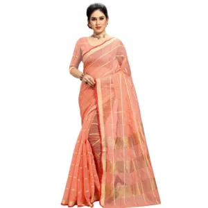 Kota Doria Cotton Checked Saree With Blouse (Peach, 5-6 Mtrs)