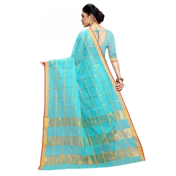 Kota Doria Cotton Checked Saree With Blouse (Sky Blue, 5-6 Mtrs) - Image 2