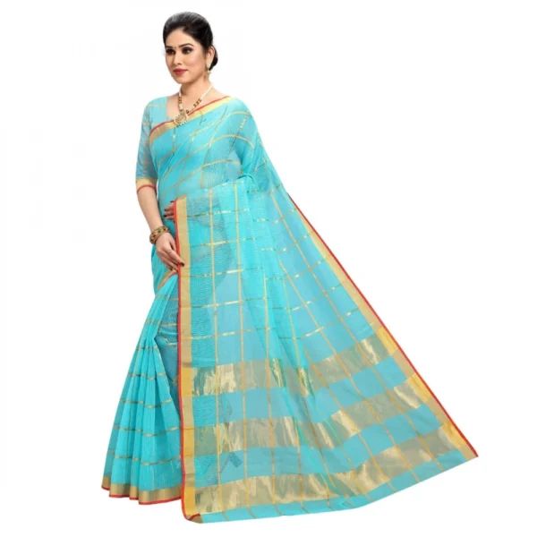 Kota Doria Cotton Checked Saree With Blouse (Sky Blue, 5-6 Mtrs) - Image 4