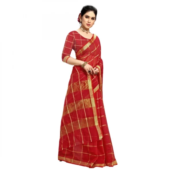 Kota Doria Cotton Checked Saree With Blouse (Red, 5-6 Mtrs) - Image 5