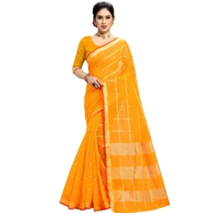 Kota Doria Cotton Checked Saree With Blouse (Yellow, 5-6 Mtrs)