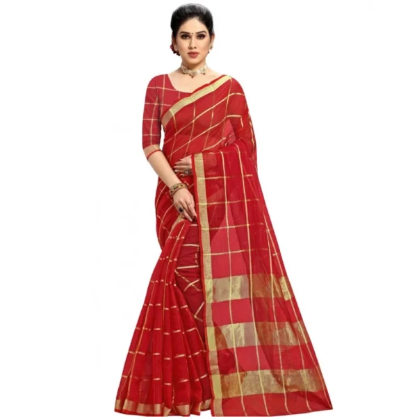 Kota Doria Cotton Checked Saree With Blouse (Red, 5-6 Mtrs)