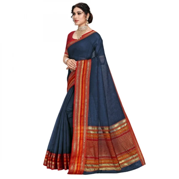 Kota Doria Cotton Bordered Saree With Blouse (Navy Blue, 5-6 Mtrs) - Image 3