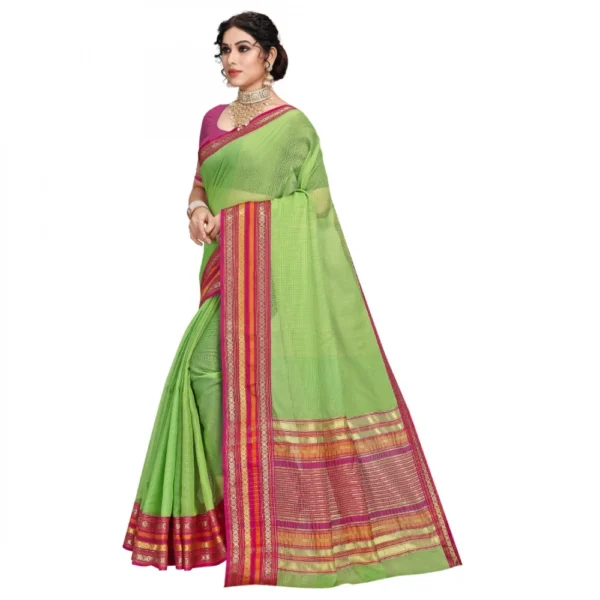 Kota Doria Cotton Bordered Saree With Blouse (Light Green, 5-6 Mtrs) - Image 3