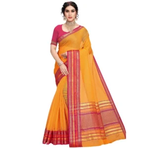 Kota Doria Cotton Bordered Saree With Blouse (Gold, 5-6 Mtrs)