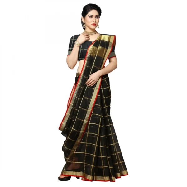 Kota Doria Cotton Checked Saree With Blouse (Black, 5-6 Mtrs) - Image 3