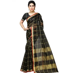 Kota Doria Cotton Checked Saree With Blouse (Black, 5-6 Mtrs)