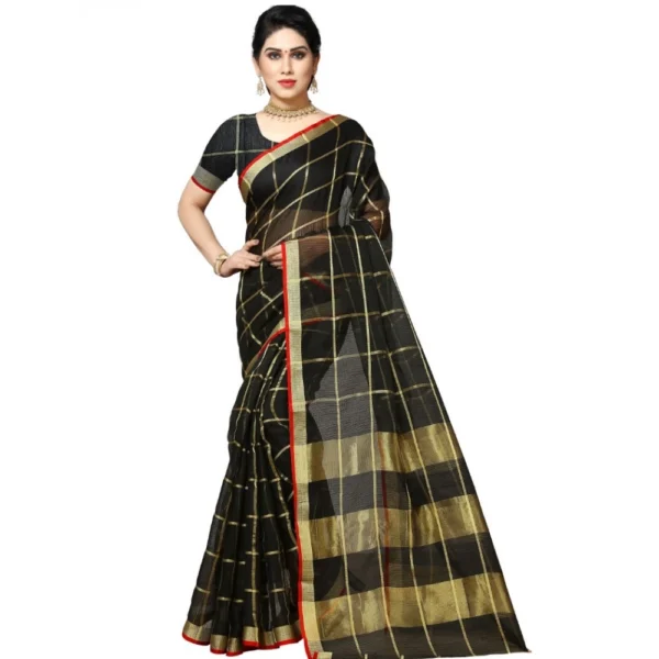 Kota Doria Cotton Checked Saree With Blouse (Black, 5-6 Mtrs)