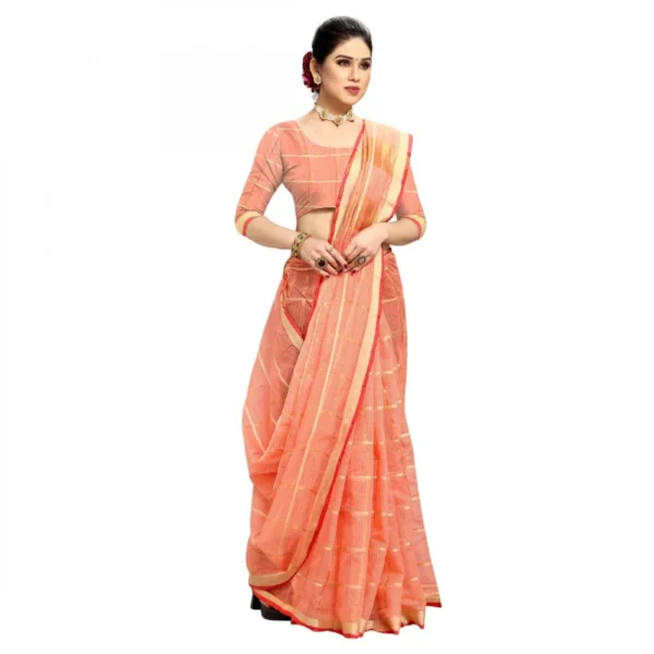 Kota Doria Cotton Checked Saree With Blouse (Peach, 5-6 Mtrs) - Image 2