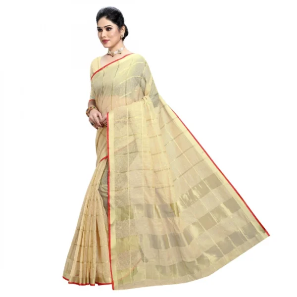 Kota Doria Cotton Checked Saree With Blouse (Beige, 5-6 Mtrs) - Image 4