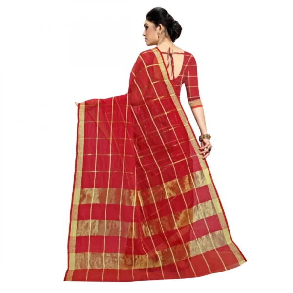 Kota Doria Cotton Checked Saree With Blouse (Red, 5-6 Mtrs) - Image 3