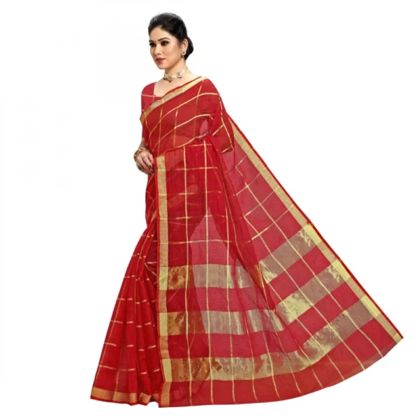 Kota Doria Cotton Checked Saree With Blouse (Red, 5-6 Mtrs) - Image 4