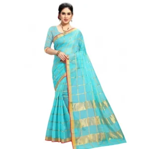 Kota Doria Cotton Checked Saree With Blouse (Sky Blue, 5-6 Mtrs)