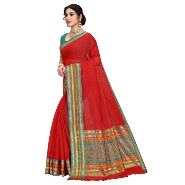 Kota Doria Cotton Bordered Saree With Blouse (Red, 5-6 Mtrs) - Image 4