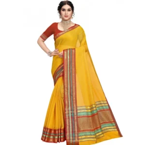Kota Doria Cotton Bordered Saree With Blouse (Yellow, 5-6 Mtrs)