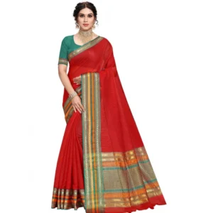 Kota Doria Cotton Bordered Saree With Blouse (Red, 5-6 Mtrs)