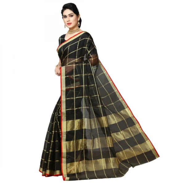 Kota Doria Cotton Checked Saree With Blouse (Black, 5-6 Mtrs) - Image 5