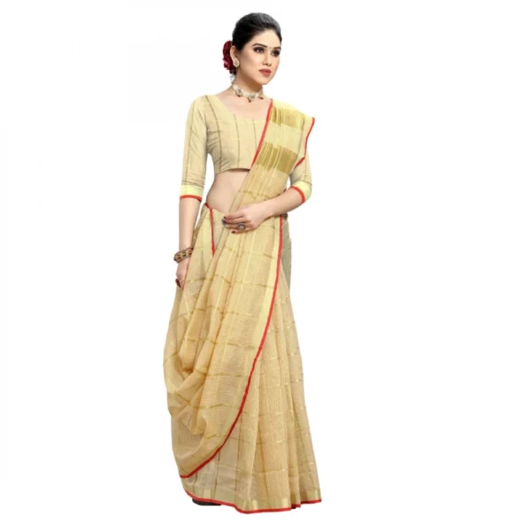 Kota Doria Cotton Checked Saree With Blouse (Beige, 5-6 Mtrs) - Image 3