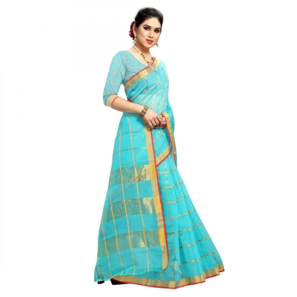 Kota Doria Cotton Checked Saree With Blouse (Sky Blue, 5-6 Mtrs) - Image 5