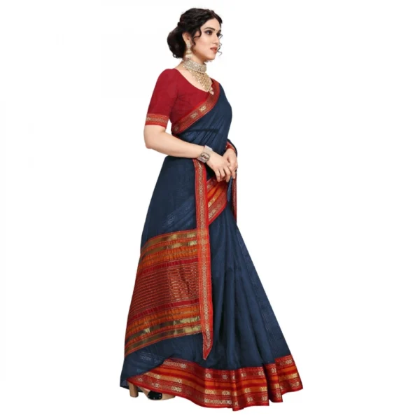 Kota Doria Cotton Bordered Saree With Blouse (Navy Blue, 5-6 Mtrs) - Image 4
