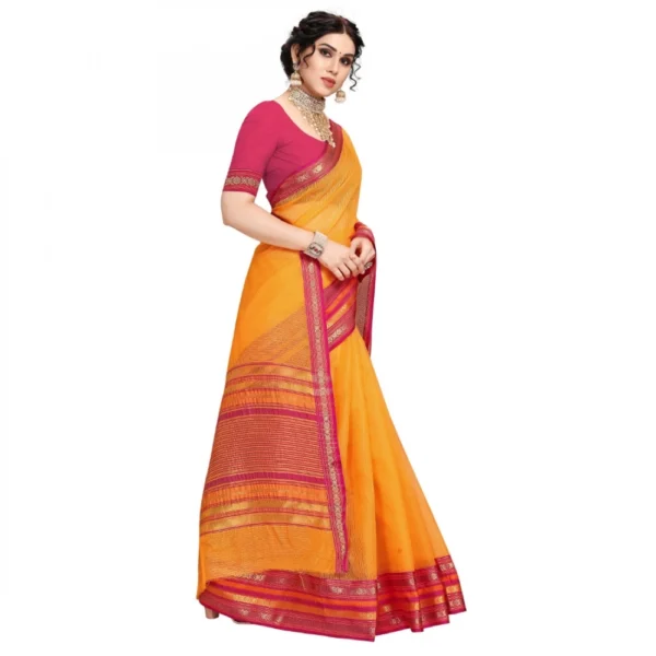 Kota Doria Cotton Bordered Saree With Blouse (Gold, 5-6 Mtrs) - Image 4