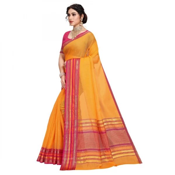 Kota Doria Cotton Bordered Saree With Blouse (Gold, 5-6 Mtrs) - Image 3