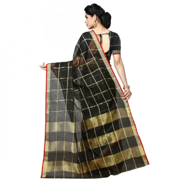 Kota Doria Cotton Checked Saree With Blouse (Black, 5-6 Mtrs) - Image 2