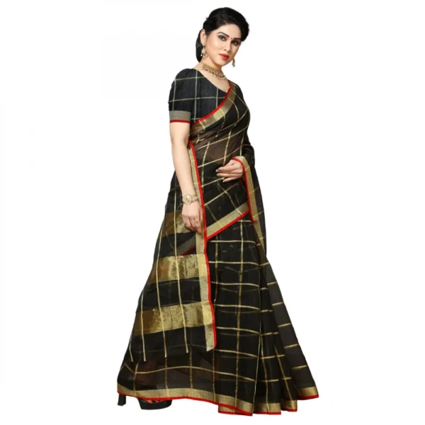 Kota Doria Cotton Checked Saree With Blouse (Black, 5-6 Mtrs) - Image 4