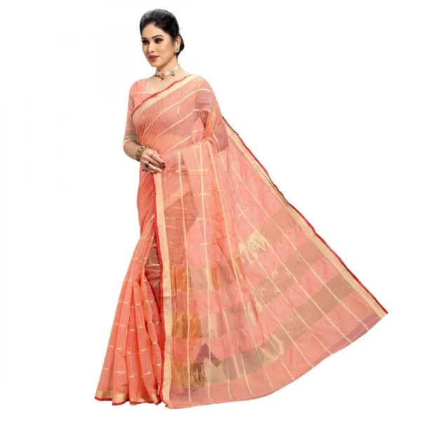 Kota Doria Cotton Checked Saree With Blouse (Peach, 5-6 Mtrs) - Image 3