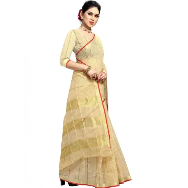 Kota Doria Cotton Checked Saree With Blouse (Beige, 5-6 Mtrs) - Image 5