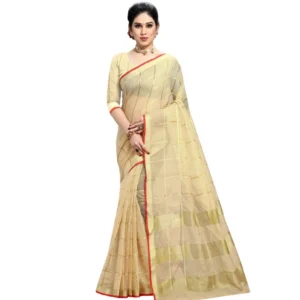 Kota Doria Cotton Checked Saree With Blouse (Beige, 5-6 Mtrs)