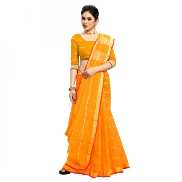 Kota Doria Cotton Checked Saree With Blouse (Yellow, 5-6 Mtrs) - Image 3